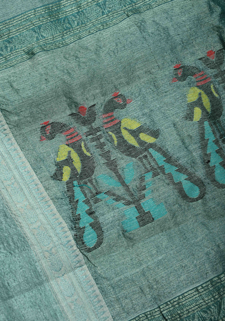 Turquoise Geecha Tussar Silk Saree with Jamdani Style Parrot Pallu and Stack Border | SILK MARK CERTIFIED