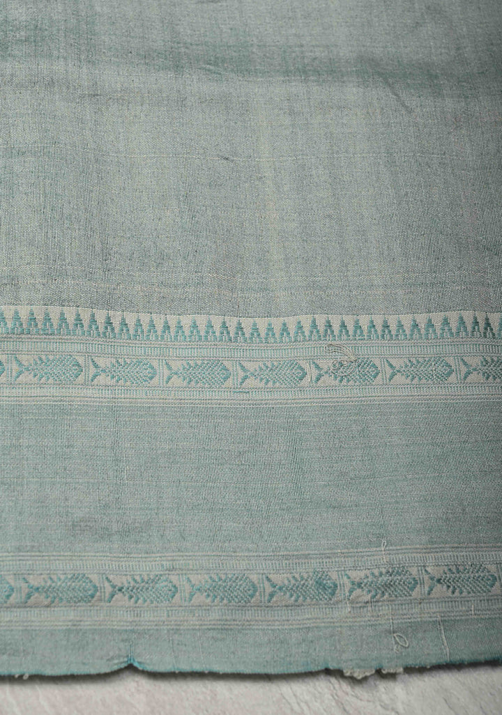 Turquoise Geecha Tussar Silk Saree with Jamdani Style Parrot Pallu and Stack Border | SILK MARK CERTIFIED