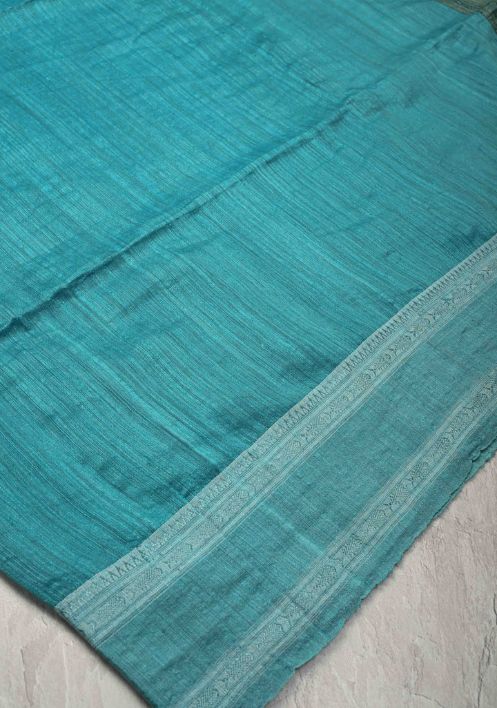 Turquoise Geecha Tussar Silk Saree with Jamdani Style Parrot Pallu and Stack Border | SILK MARK CERTIFIED