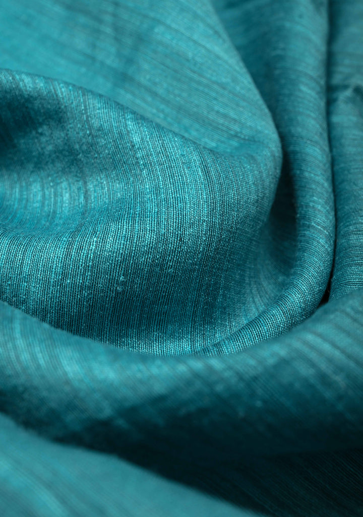 Turquoise Geecha Tussar Silk Saree with Jamdani Style Parrot Pallu and Stack Border | SILK MARK CERTIFIED