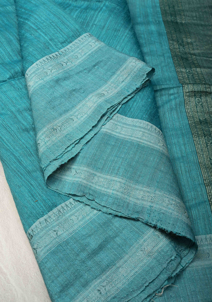 Turquoise Geecha Tussar Silk Saree with Jamdani Style Parrot Pallu and Stack Border | SILK MARK CERTIFIED