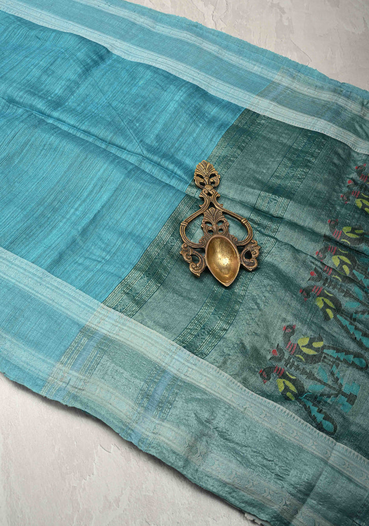 Turquoise Geecha Tussar Silk Saree with Jamdani Style Parrot Pallu and Stack Border | SILK MARK CERTIFIED