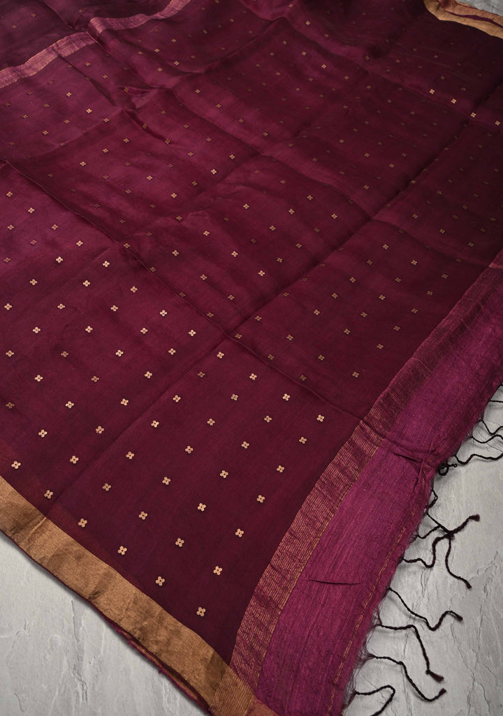 Wine Matka Muslin Silk Saree with Pocket Sequins and Minimal Zari Border | SILK MARK CERTIFIED