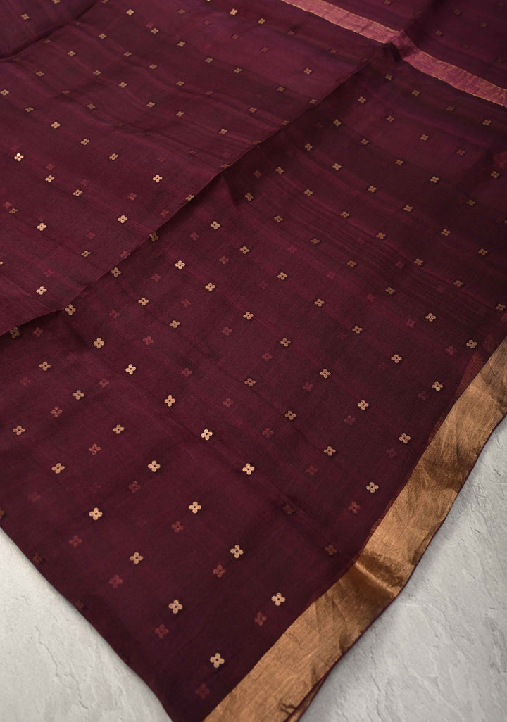 Wine Matka Muslin Silk Saree with Pocket Sequins and Minimal Zari Border | SILK MARK CERTIFIED