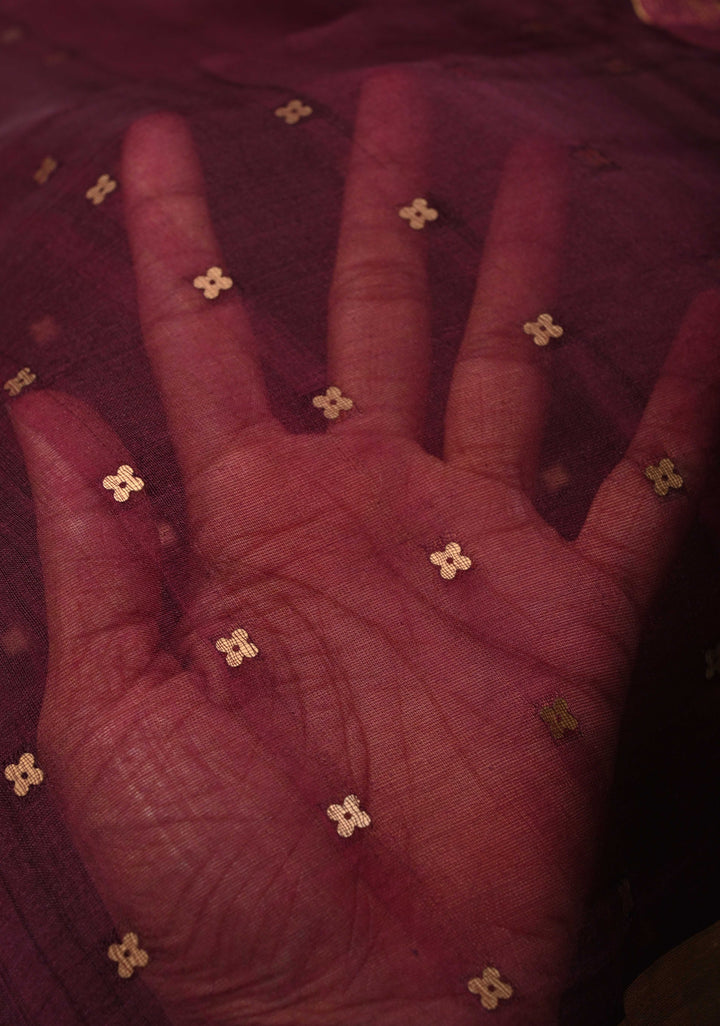 Wine Matka Muslin Silk Saree with Pocket Sequins and Minimal Zari Border | SILK MARK CERTIFIED