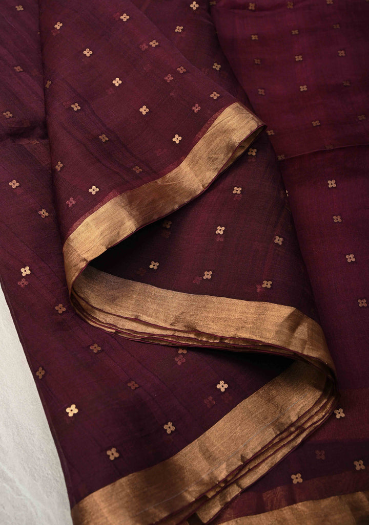 Wine Matka Muslin Silk Saree with Pocket Sequins and Minimal Zari Border | SILK MARK CERTIFIED