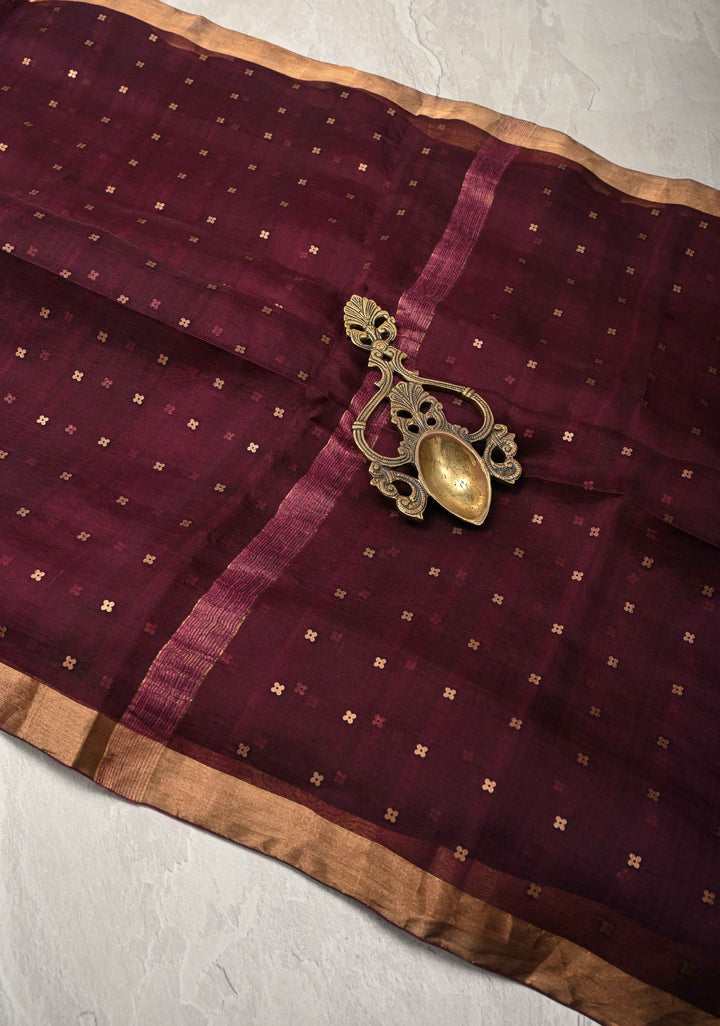 Wine Matka Muslin Silk Saree with Pocket Sequins and Minimal Zari Border | SILK MARK CERTIFIED