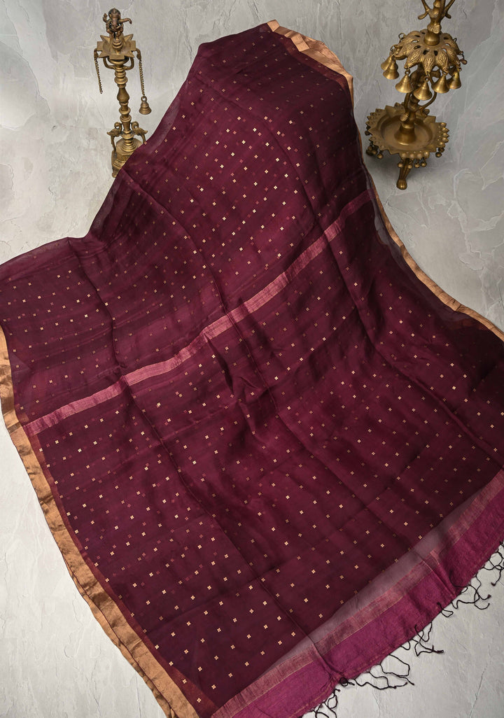 Wine Matka Muslin Silk Saree with Pocket Sequins and Minimal Zari Border | SILK MARK CERTIFIED