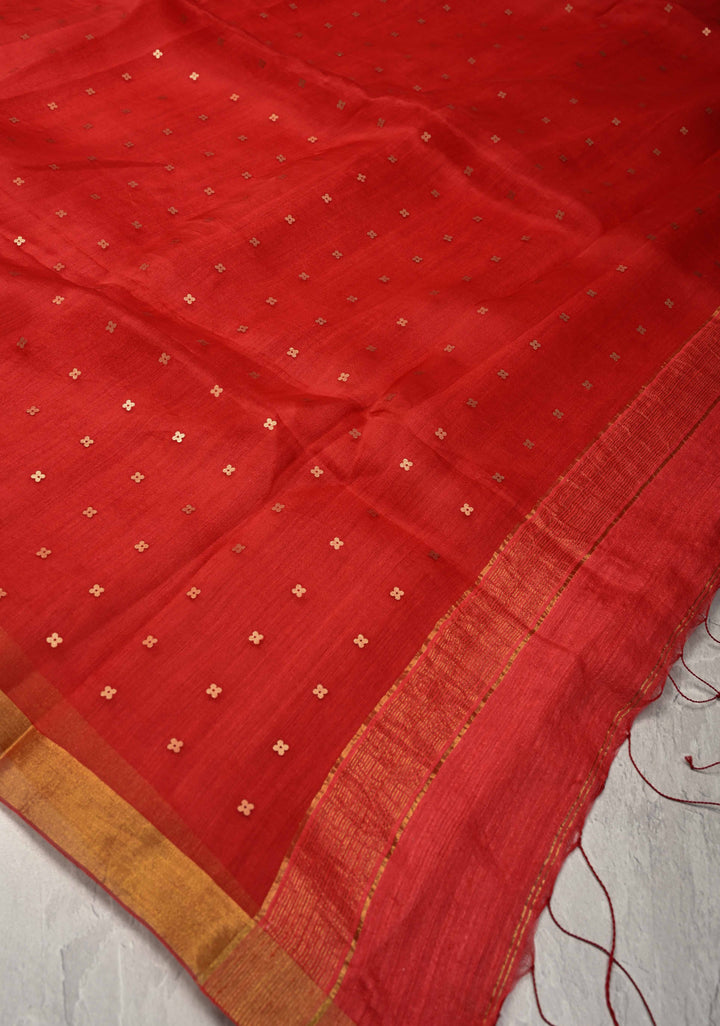 Red Matka Muslin Silk Saree with Pocket Sequins and Minimal Zari Border | SILK MARK CERTIFIED