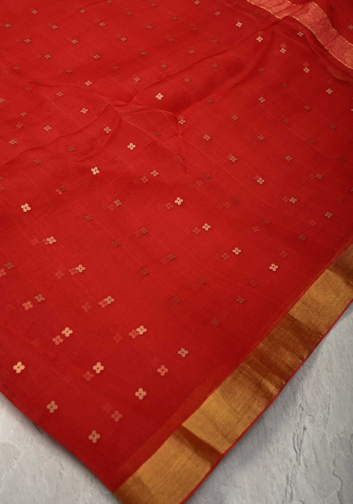 Red Matka Muslin Silk Saree with Pocket Sequins and Minimal Zari Border | SILK MARK CERTIFIED