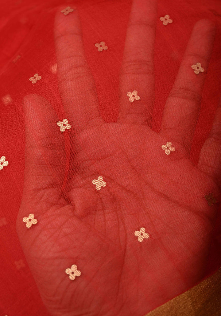 Red Matka Muslin Silk Saree with Pocket Sequins and Minimal Zari Border | SILK MARK CERTIFIED