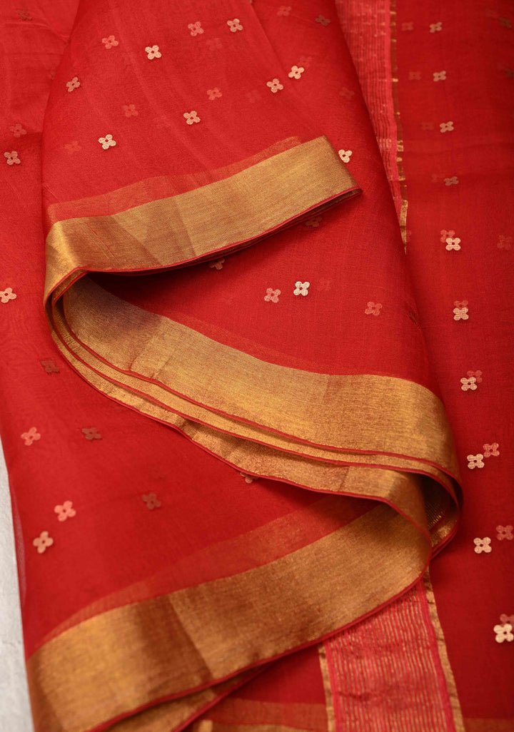 Red Matka Muslin Silk Saree with Pocket Sequins and Minimal Zari Border | SILK MARK CERTIFIED
