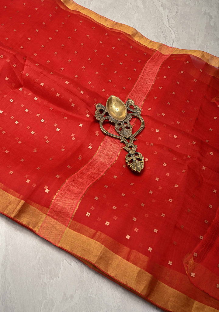 Red Matka Muslin Silk Saree with Pocket Sequins and Minimal Zari Border | SILK MARK CERTIFIED