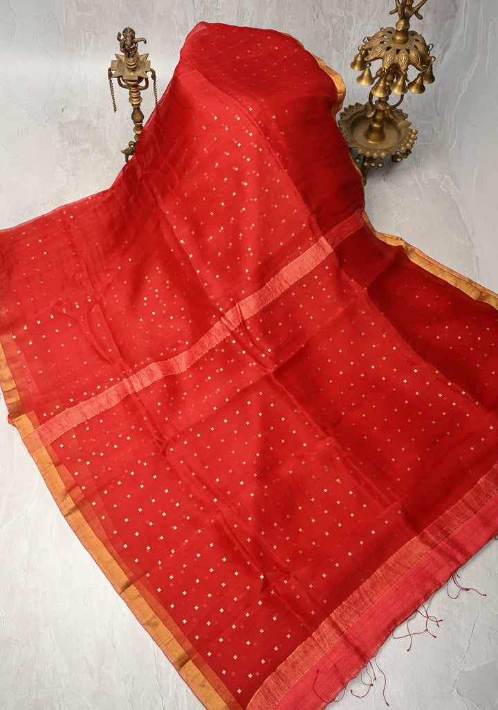 Red Matka Muslin Silk Saree with Pocket Sequins and Minimal Zari Border | SILK MARK CERTIFIED