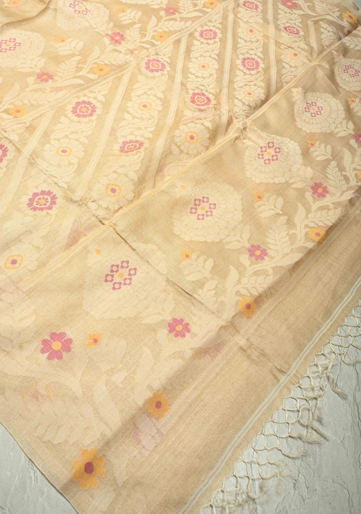 Cream Meenakari Detailing on Tussar Silk Saree with Resham Buttas  | SILK MARK CERTIFIED