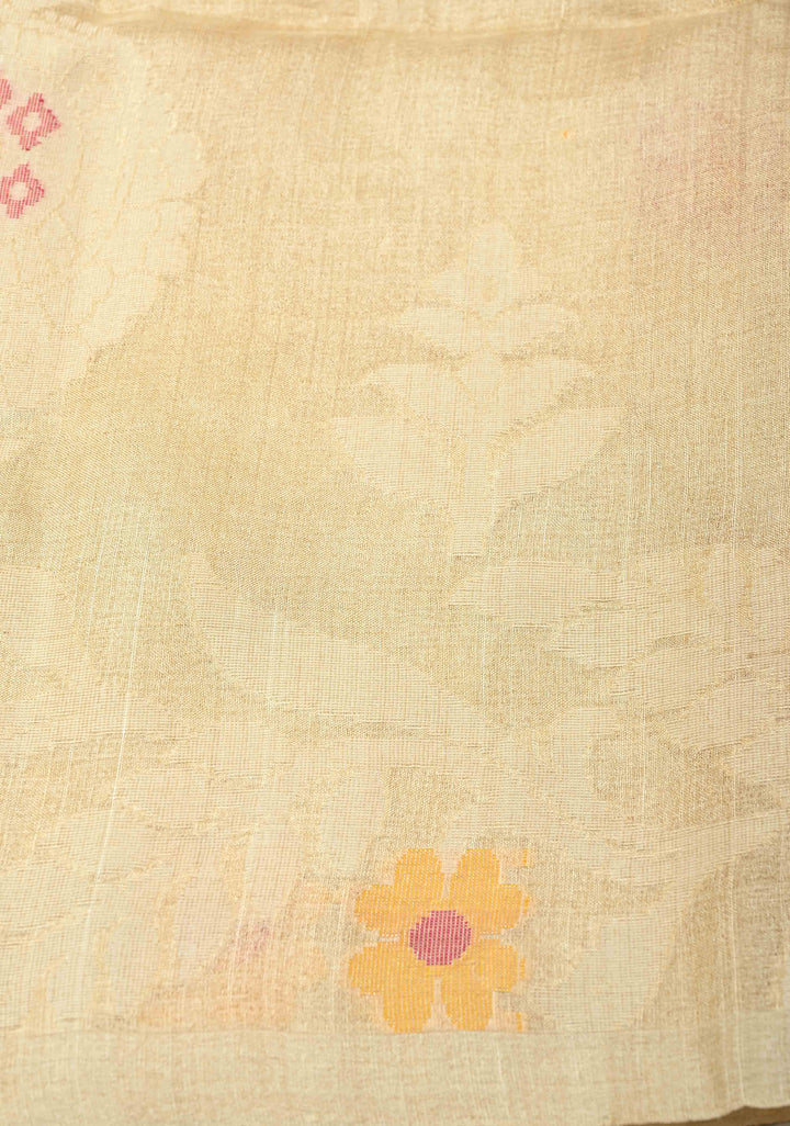 Cream Meenakari Detailing on Tussar Silk Saree with Resham Buttas  | SILK MARK CERTIFIED