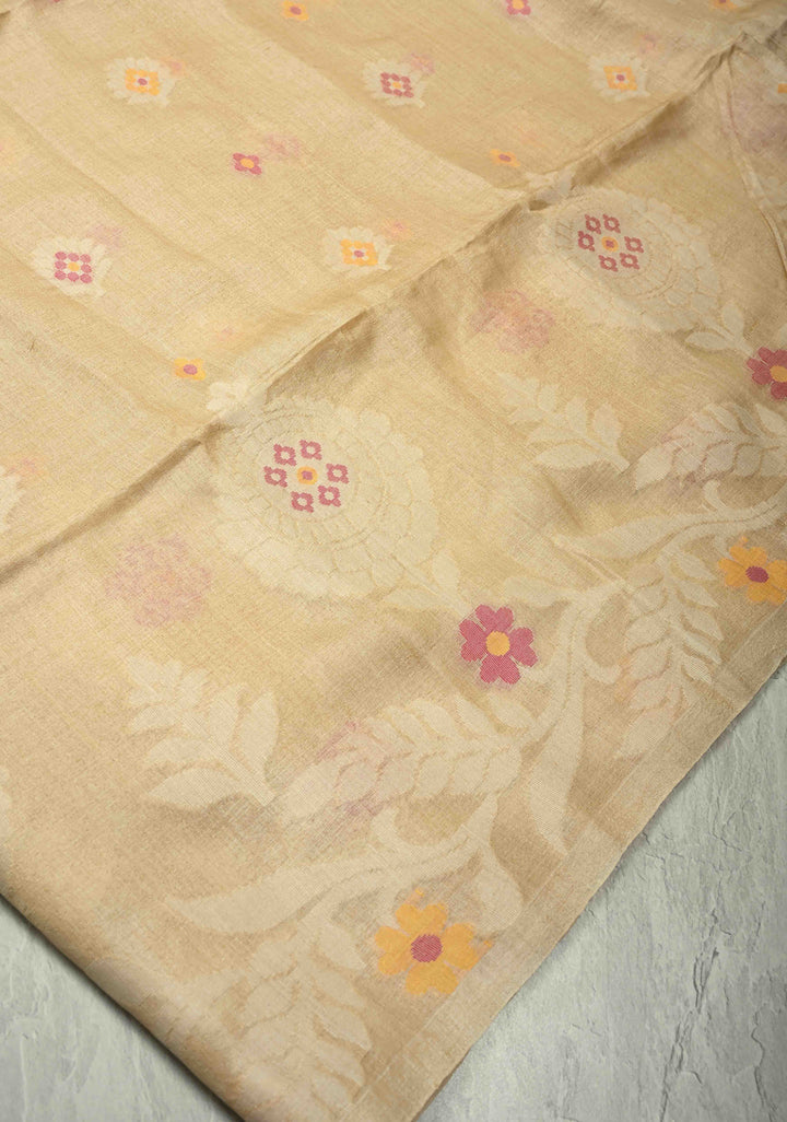 Cream Meenakari Detailing on Tussar Silk Saree with Resham Buttas  | SILK MARK CERTIFIED