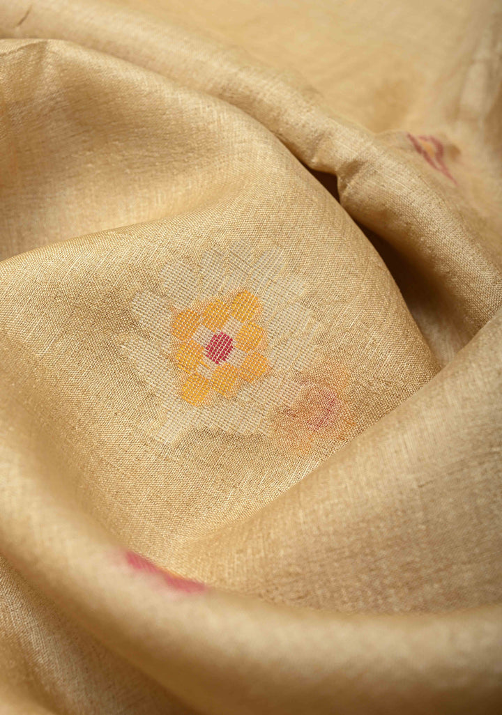 Cream Meenakari Detailing on Tussar Silk Saree with Resham Buttas  | SILK MARK CERTIFIED