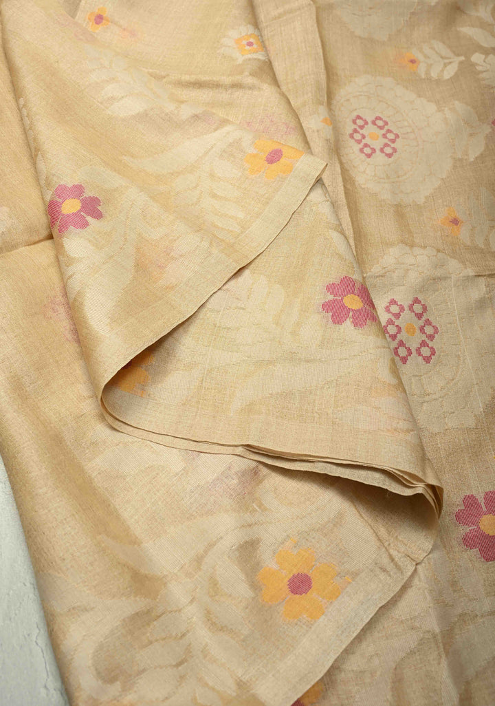 Cream Meenakari Detailing on Tussar Silk Saree with Resham Buttas  | SILK MARK CERTIFIED