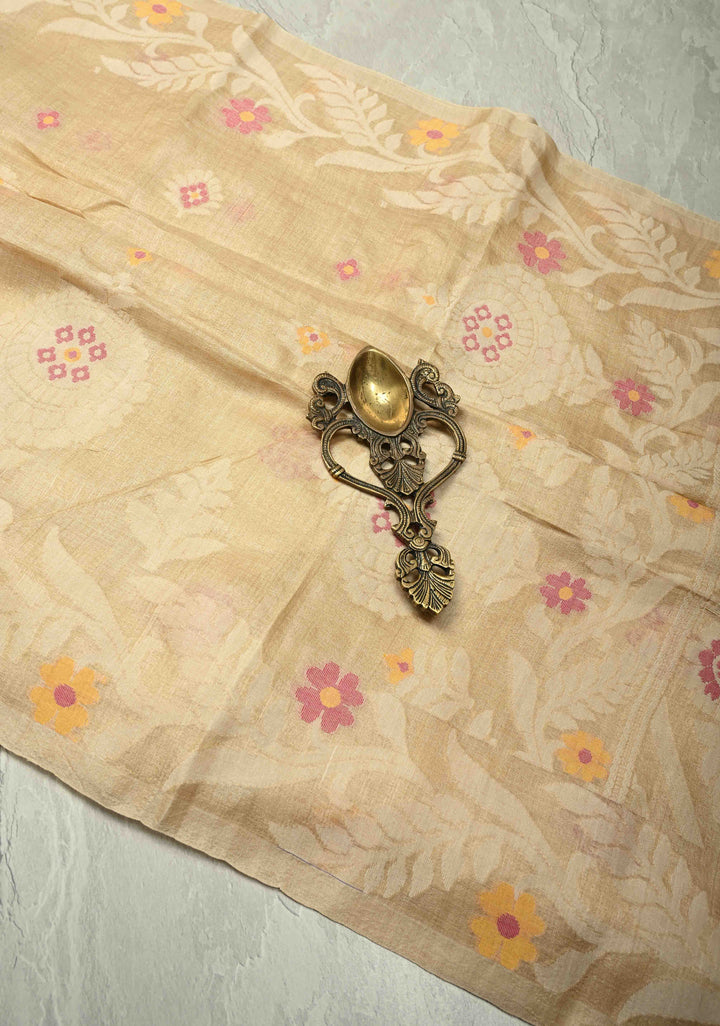 Cream Meenakari Detailing on Tussar Silk Saree with Resham Buttas  | SILK MARK CERTIFIED