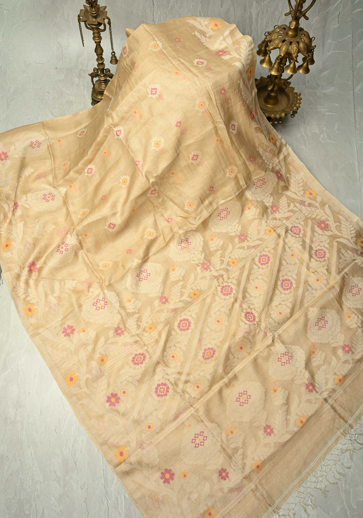 Cream Meenakari Detailing on Tussar Silk Saree with Resham Buttas  | SILK MARK CERTIFIED