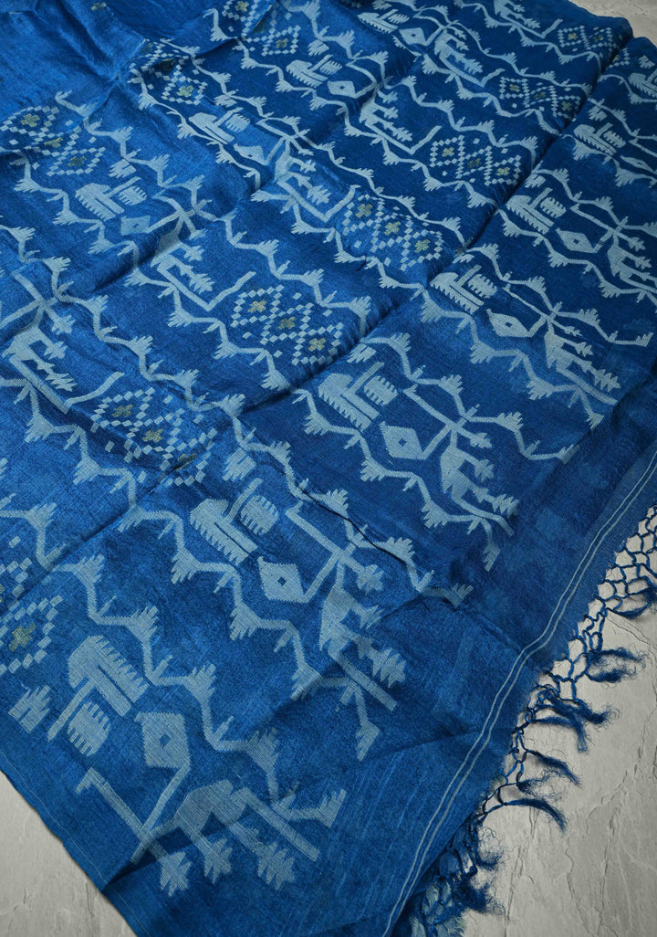Peacock Blue Tussar Silk Saree with Meenakari Resham Buttas Detailing  | SILK MARK CERTIFIED
