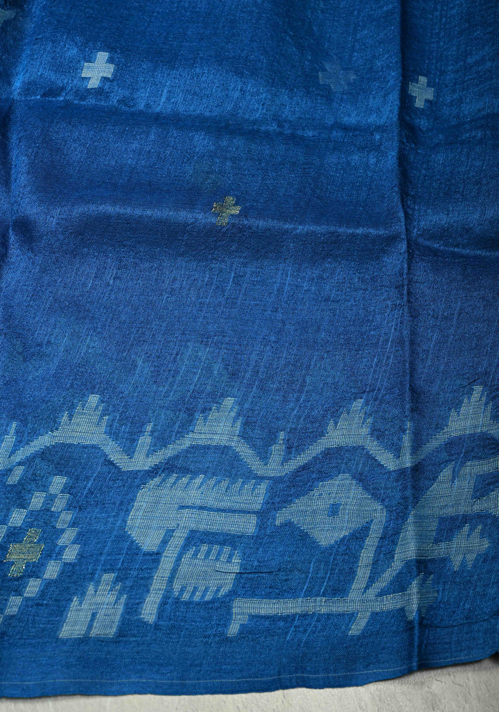 Peacock Blue Tussar Silk Saree with Meenakari Resham Buttas Detailing  | SILK MARK CERTIFIED