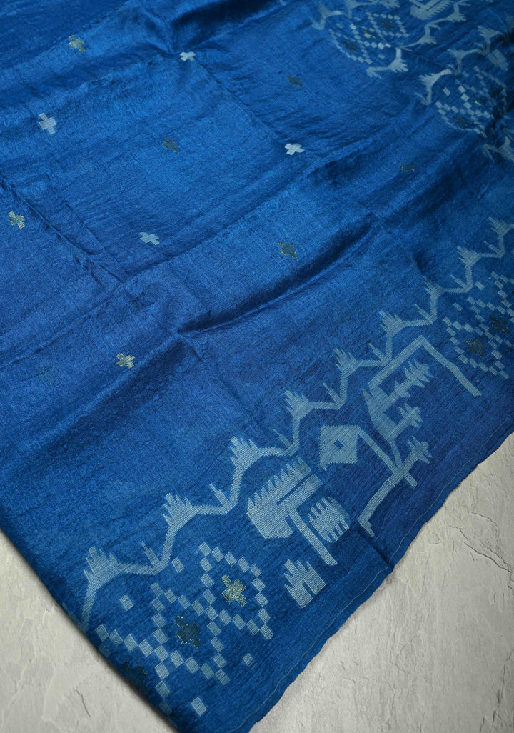 Peacock Blue Tussar Silk Saree with Meenakari Resham Buttas Detailing  | SILK MARK CERTIFIED