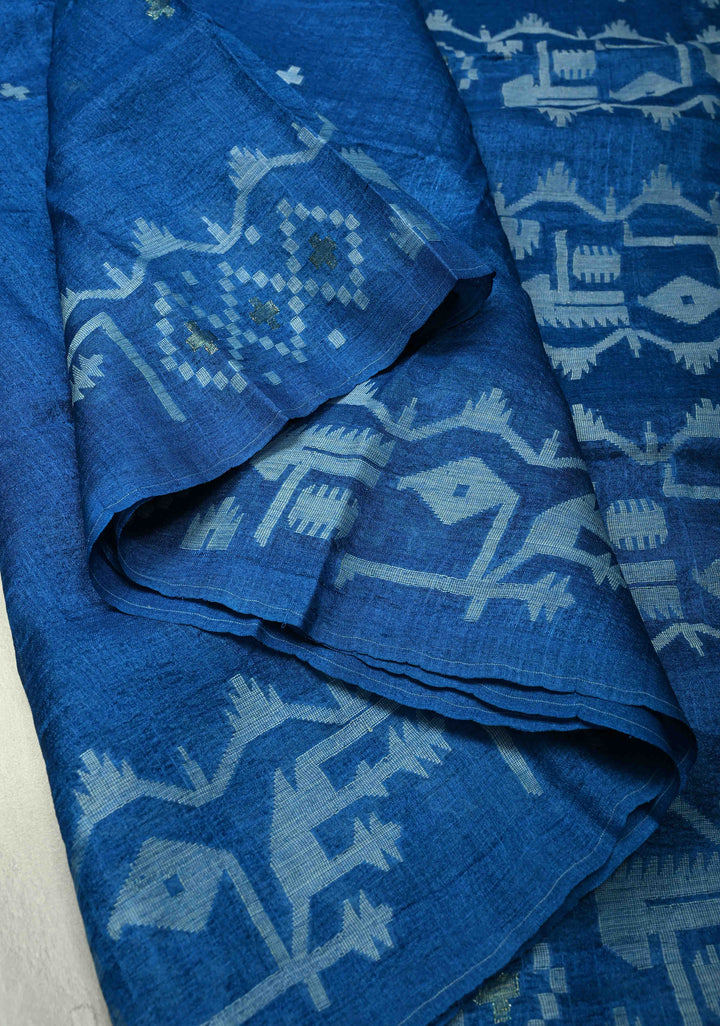 Peacock Blue Tussar Silk Saree with Meenakari Resham Buttas Detailing  | SILK MARK CERTIFIED