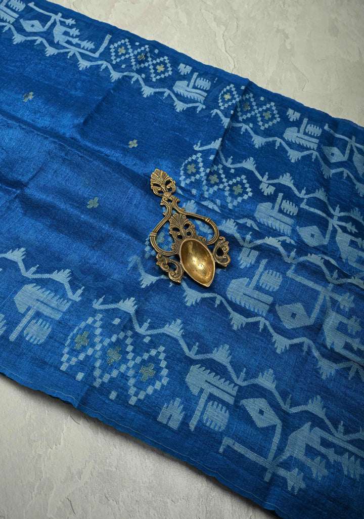 Peacock Blue Tussar Silk Saree with Meenakari Resham Buttas Detailing  | SILK MARK CERTIFIED