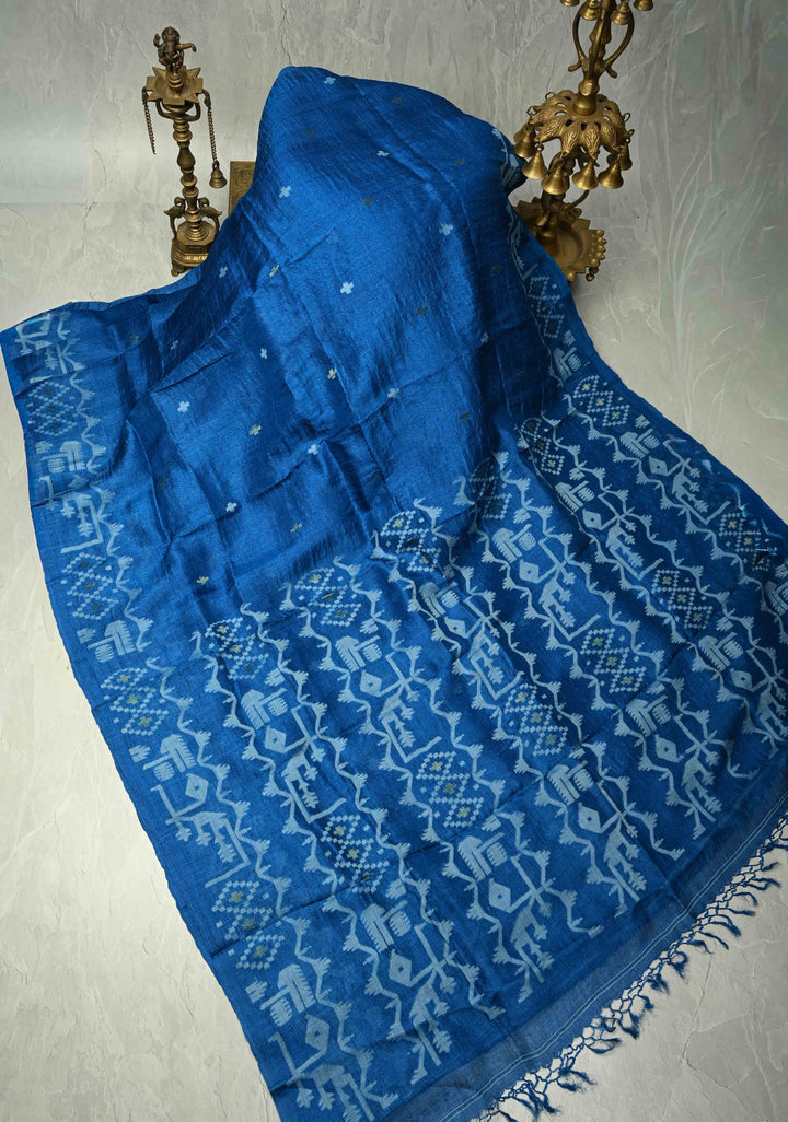 Peacock Blue Tussar Silk Saree with Meenakari Resham Buttas Detailing  | SILK MARK CERTIFIED