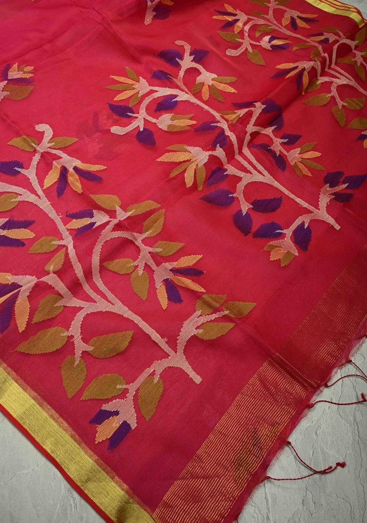 Pink Dual Tone Meenakari Design on Silk Muslin Saree with Resham Jamdani Weaving | SILK MARK CERTIFIED