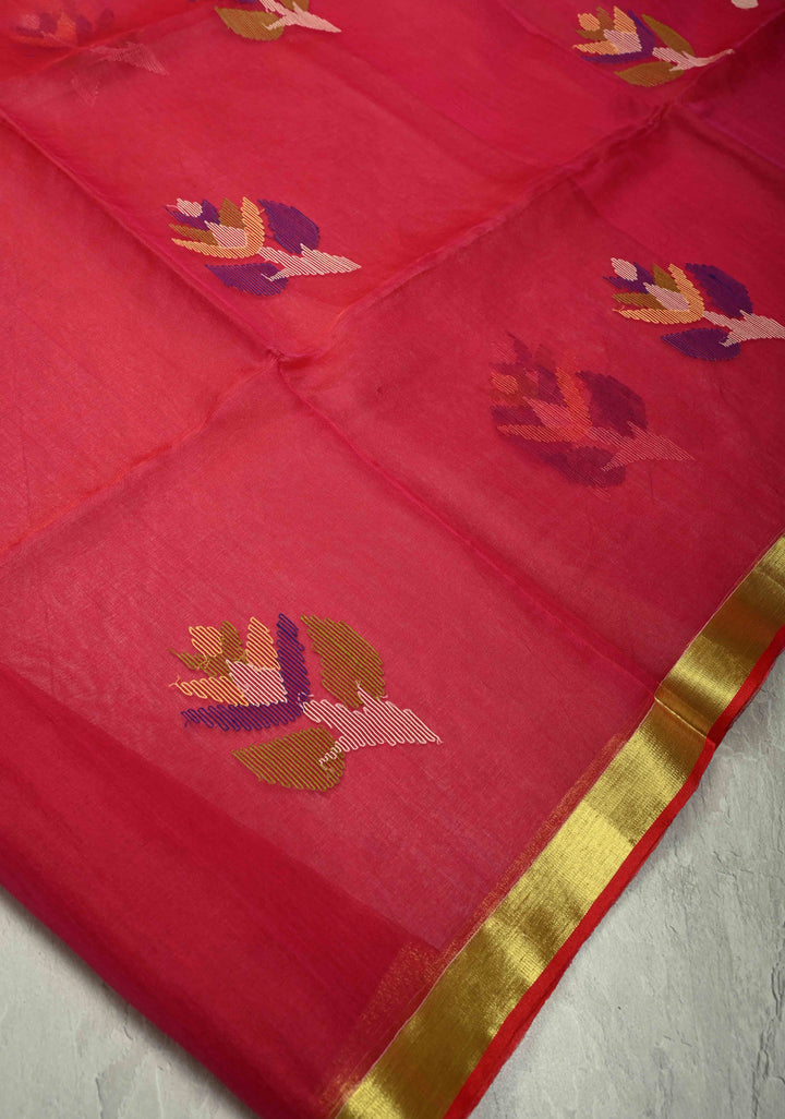 Pink Dual Tone Meenakari Design on Silk Muslin Saree with Resham Jamdani Weaving | SILK MARK CERTIFIED