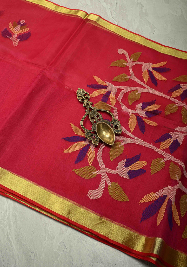 Pink Dual Tone Meenakari Design on Silk Muslin Saree with Resham Jamdani Weaving | SILK MARK CERTIFIED