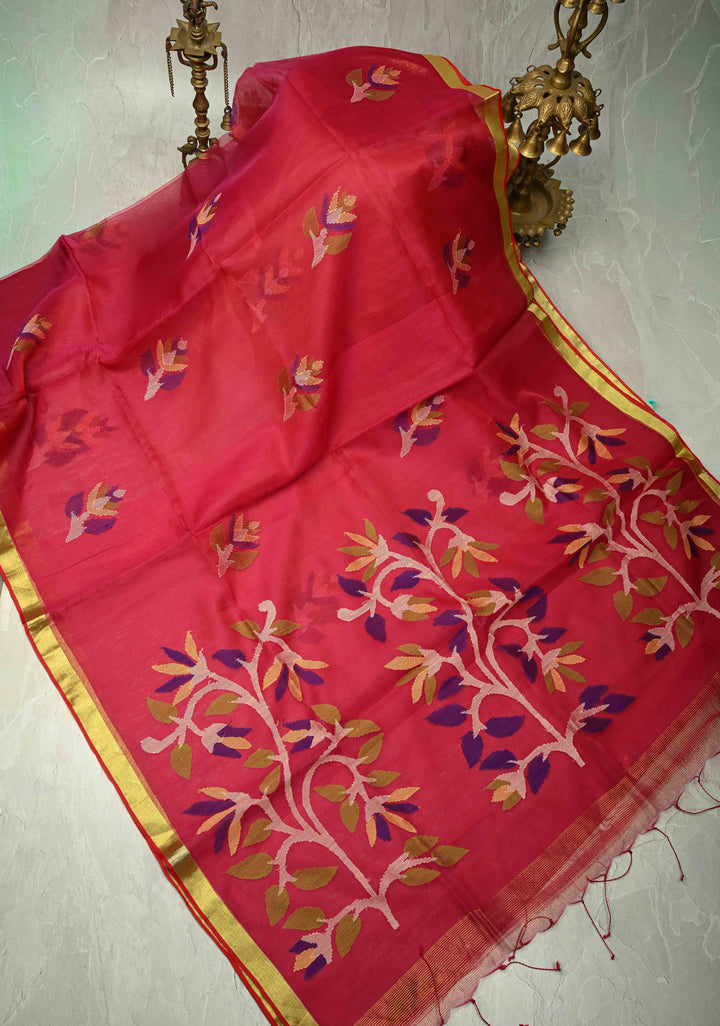 Pink Dual Tone Meenakari Design on Silk Muslin Saree with Resham Jamdani Weaving | SILK MARK CERTIFIED