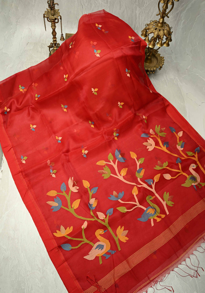 Deep Red Meenakari Design on Muslin Silk Saree with Resham Jamdani Weaving | SILK MARK CERTIFIED
