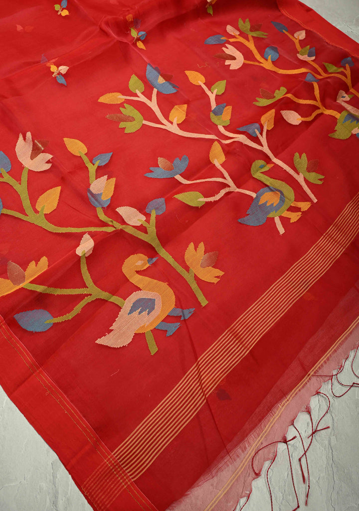 Deep Red Meenakari Design on Muslin Silk Saree with Resham Jamdani Weaving | SILK MARK CERTIFIED