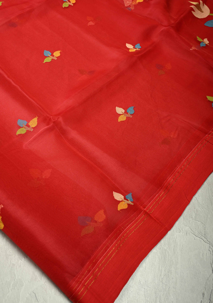 Deep Red Meenakari Design on Muslin Silk Saree with Resham Jamdani Weaving | SILK MARK CERTIFIED