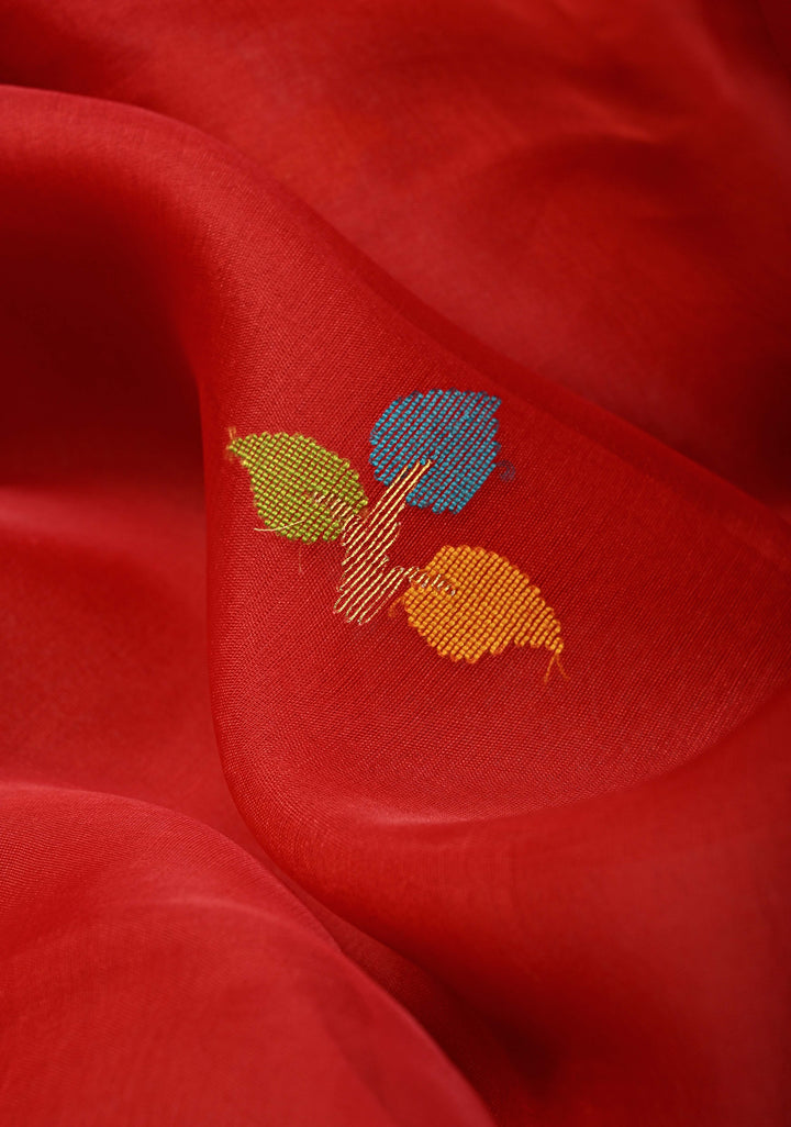 Deep Red Meenakari Design on Muslin Silk Saree with Resham Jamdani Weaving | SILK MARK CERTIFIED
