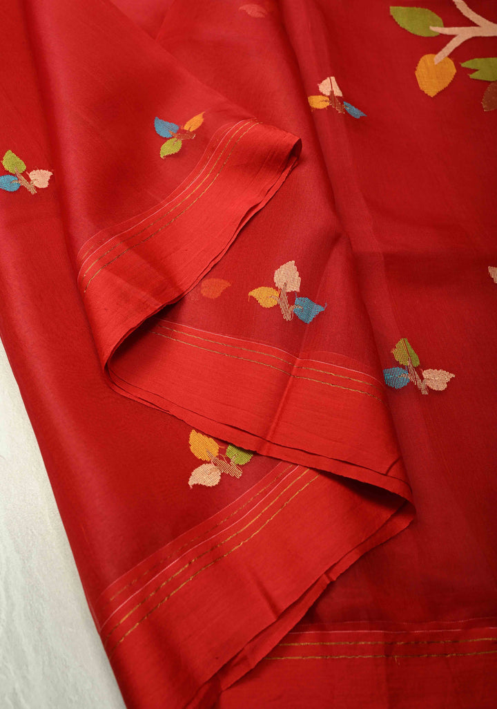 Deep Red Meenakari Design on Muslin Silk Saree with Resham Jamdani Weaving | SILK MARK CERTIFIED