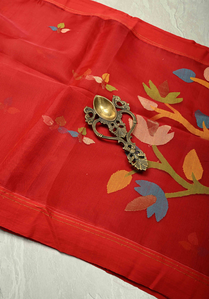 Deep Red Meenakari Design on Muslin Silk Saree with Resham Jamdani Weaving | SILK MARK CERTIFIED