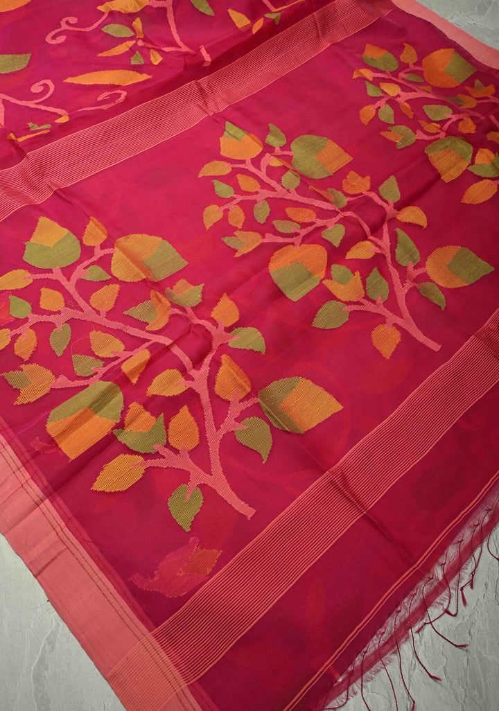 Exquisite Pink Meenakari Design on Silk Muslin Saree with Resham Jamdani Weaving | SILK MARK CERTIFIED