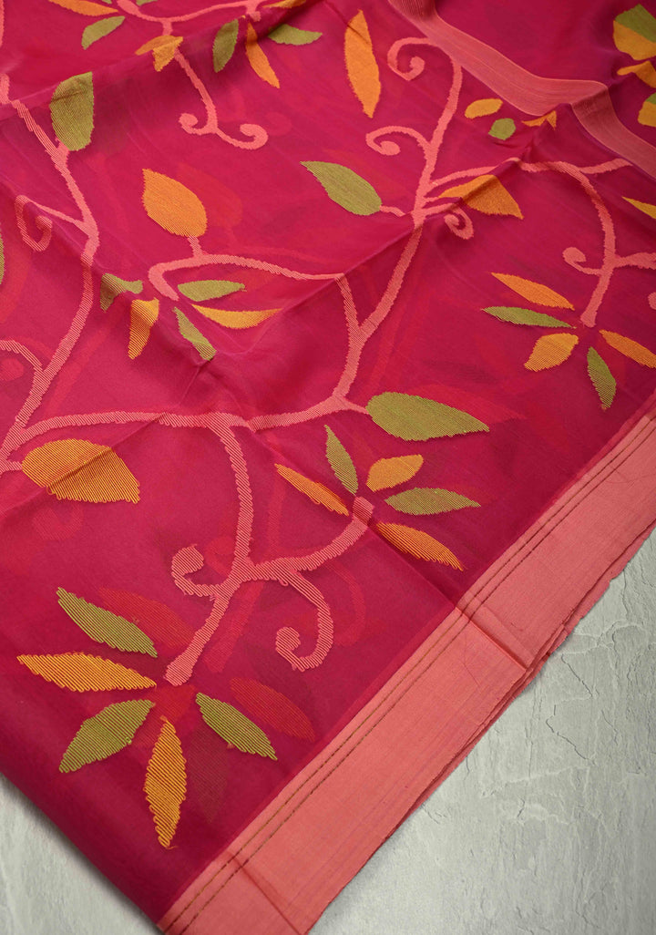 Exquisite Pink Meenakari Design on Silk Muslin Saree with Resham Jamdani Weaving | SILK MARK CERTIFIED