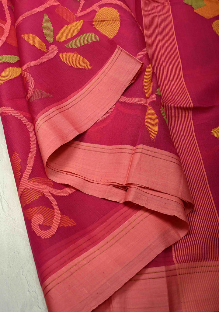Exquisite Pink Meenakari Design on Silk Muslin Saree with Resham Jamdani Weaving | SILK MARK CERTIFIED