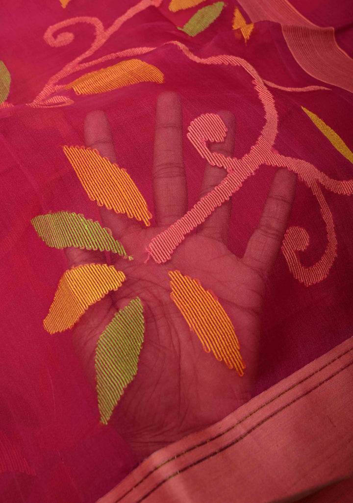 Exquisite Pink Meenakari Design on Silk Muslin Saree with Resham Jamdani Weaving | SILK MARK CERTIFIED