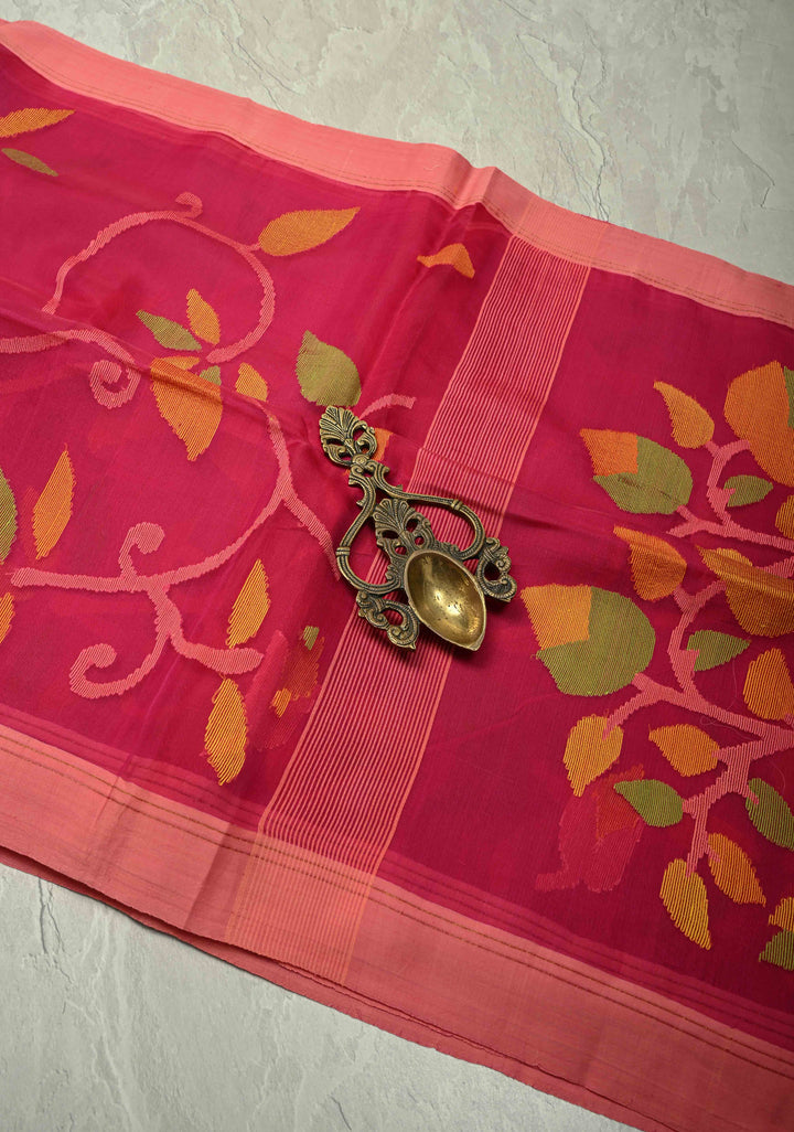 Exquisite Pink Meenakari Design on Silk Muslin Saree with Resham Jamdani Weaving | SILK MARK CERTIFIED