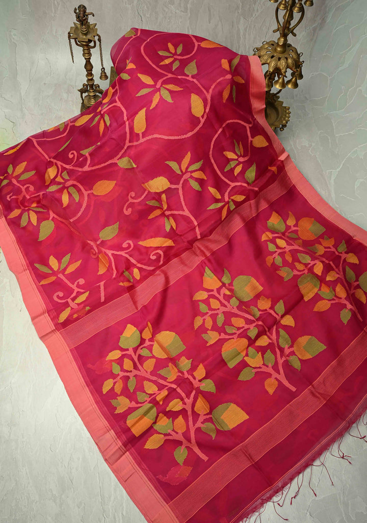 Exquisite Pink Meenakari Design on Silk Muslin Saree with Resham Jamdani Weaving | SILK MARK CERTIFIED