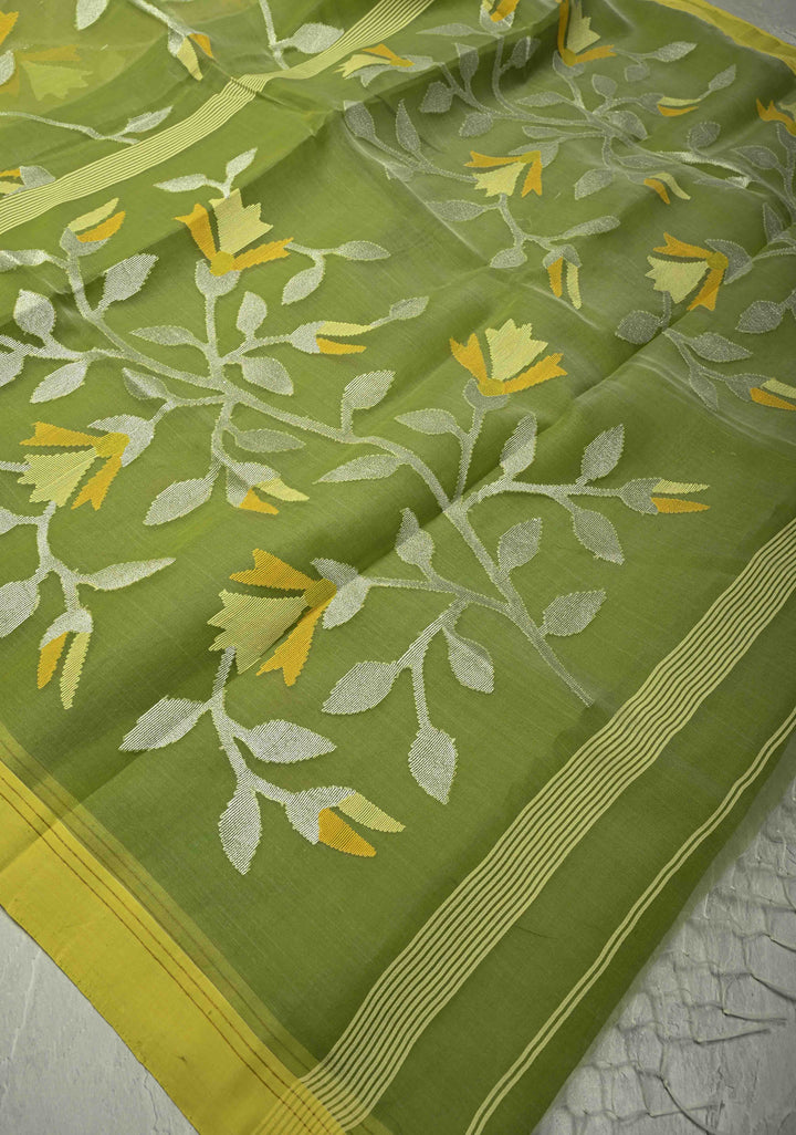 Pista Green Silk Muslin Saree with Resham Jamdani Weaving  | SILK MARK CERTIFIED