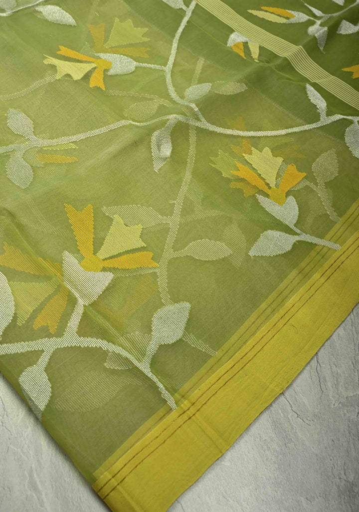 Pista Green Silk Muslin Saree with Resham Jamdani Weaving  | SILK MARK CERTIFIED