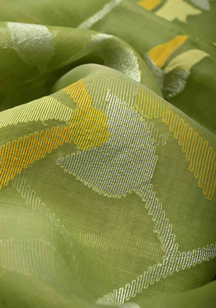 Pista Green Silk Muslin Saree with Resham Jamdani Weaving  | SILK MARK CERTIFIED